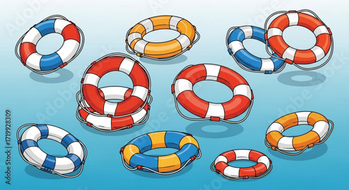 Collection of colorful lifebuoys with red, white, blue, and yellow stripes, floating on a light blue water background, safety equipment