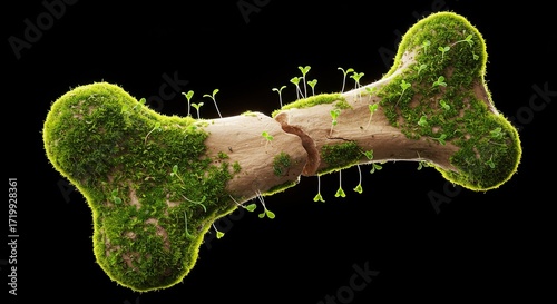A broken bone, covered in lush green moss and emerging sprouts, powerfully symbolizes natural healing, biological regeneration, and the resilience of life.