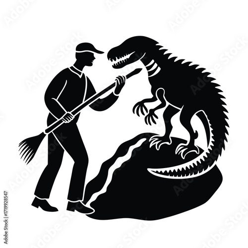 Silhouette of man with broom confronting a dinosaur on a rock silhouette