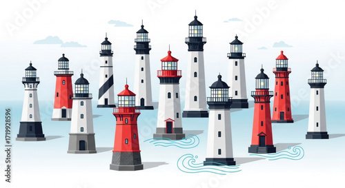 A collection of lighthouses stands tall against a serene sky, each with unique designs, symbolizing guidance and safety for ships navigating the sea