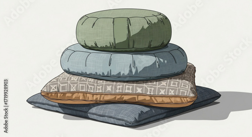 Stack of meditation cushions in various shapes and colors, creating a serene and inviting space for relaxation and mindfulness practice