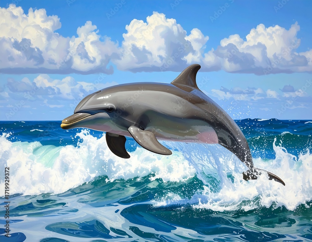 Fototapeta premium A dolphin leaps gracefully from ocean waves under a bright, cloudy sky.