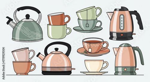 A charming collection of teapots and teacups, showcasing various designs and styles, perfect for tea lovers and kitchen decor enthusiasts