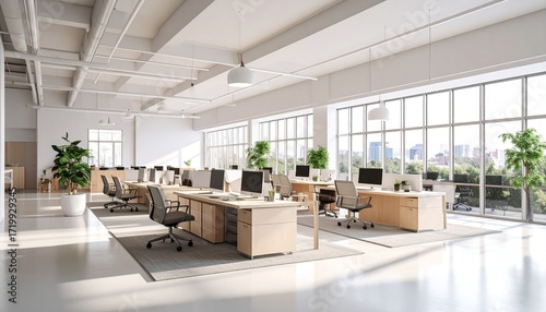 A bright, modern, and spacious open-plan office interior with numerous workstations, large windows, and potted plants, bathed in natural light.