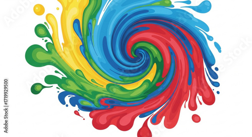 Vibrant swirl of colorful paint, a dynamic explosion of red, blue, yellow, and green hues creating a captivating visual effect