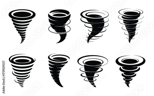 Collection of Stylized Black Tornado Icons on White Background