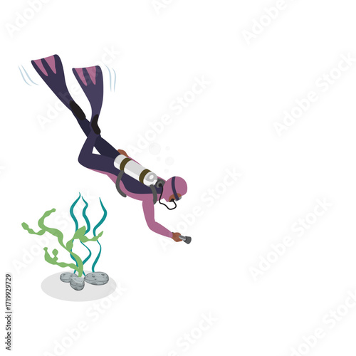 3D Isometric Flat Vector Set of Scuba Divers, Marine Exploring People. Item 3