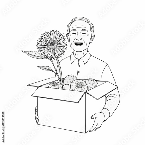 Elderly man smiling while holding a box of flowers and apples  