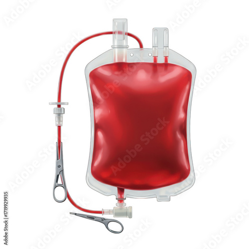 Medical blood bag with tubing and clamp isolated on transparent background for healthcare and donation concepts