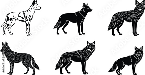 Stylized canine illustrations — six artistic designs showing posture, fur texture, and detailing across smooth, realistic, and patterned dog forms
