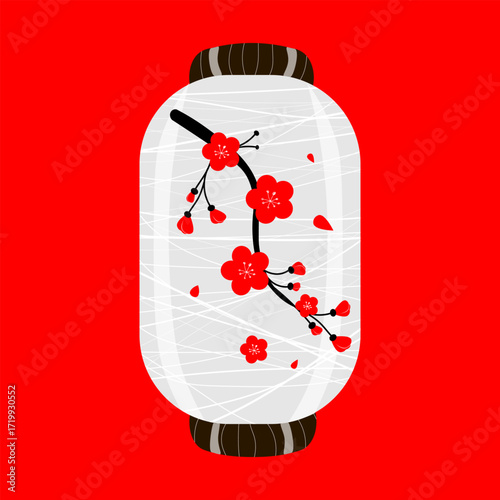 Vector a traditional Chinese lantern for celebrating the Chinese New Year. It features an elongated white body decorated with a plum blossom branch and red flowers, symbolizing prosperity and renewal