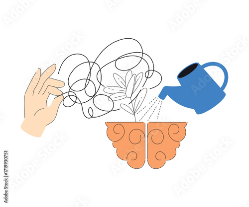 Psychotherapy with Brain and Watering Can with Tangled Thread Vector Illustration