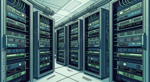 A server room filled with rows of computer servers, showcasing the infrastructure and technology behind data storage and processing, creating a hightech environment