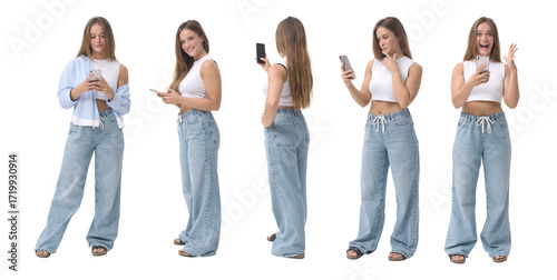 Young Blonde Woman With Smartphone In Various Casual Poses