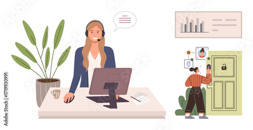 Female customer service agent at desk assisting via headset person unlocking smart home door using security system. Ideal for technology, security, remote assistance, customer service, smart devices