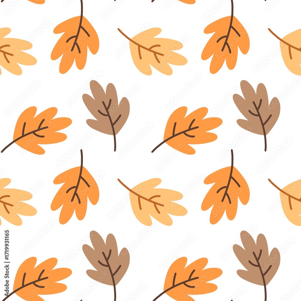 Obraz premium Seamless pattern of autumn leaves in shades of orange, brown, and yellow on a white background. Perfect for fall-themed designs.