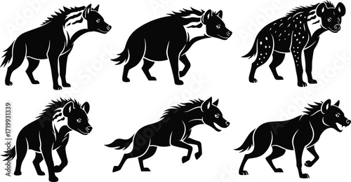 Stylized hyena illustrations — six black-and-white designs showing varied poses, mane styles, fur patterns, and dynamic animal expressions