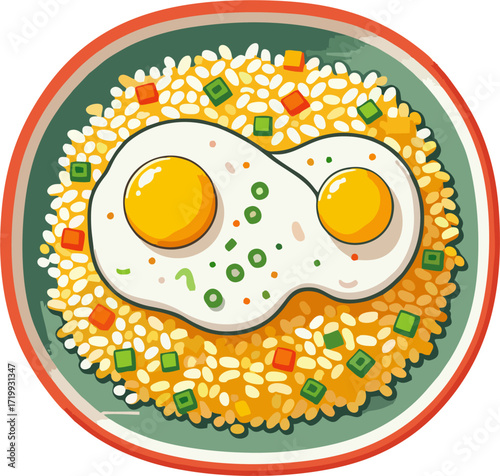 Colorful Fried Rice Plate Vector with Double Eggs – Top View Asian Food Illustration