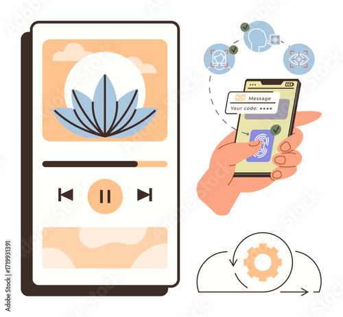 Smartphone screen with a meditation app, hand accessing a secure message via fingerprint, integration icons. Ideal for mindfulness, self-care, security, innovation, wellness, lifestyle technology