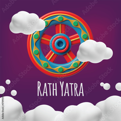 Ratha Yatra holiday 3D vector event card design, cartoon festive chariot wheel, temple cart, Indian festival celebration