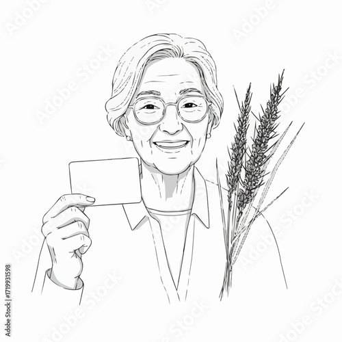 Elderly woman smiling while holding a card and wheat stalk  