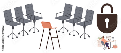 Six identical office chairs contrast with one unique chair alongside a padlock and a person working at a desk. Ideal for individuality, security, workspace, teamwork, creativity, isolation