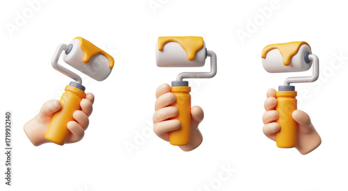 3d vector set of a human hand holding a paint roller with orange paint, view from different sides. Repair, construction, maintenance. Construction equipment. Cartoon illustration. Isolated.