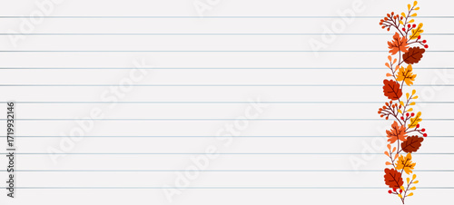 Paper Background with Autumn Leaves,  Lines, Copybook Page, Template, Notepaper, Autumn Border, Autumn Decoration, Vector