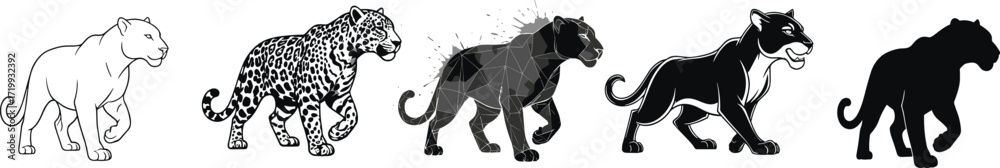 Naklejka premium Stylized walking panthers — five artistic interpretations including line art, spotted texture, geometric, graphic logo, and silhouette styles