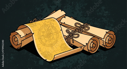 A stack of old scrolls tied with twine, one unrolled to reveal a map, casting shadows on a dark background, evoking adventure and historical mystery