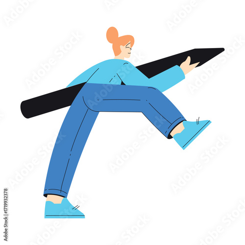 Woman Character Hold Big Pencil or Pen Vector Illustration