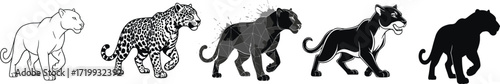 Stylized walking panthers — five artistic interpretations including line art, spotted texture, geometric, graphic logo, and silhouette styles