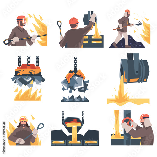 Metallurgy with Man Character Work in Steel Production Plant Vector Set