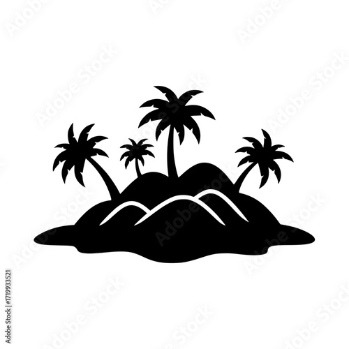 A striking silhouette of a tropical island, complete with palm trees, evokes a sense of serenity and escapism. The scene encapsulates the allure of a secluded paradise.