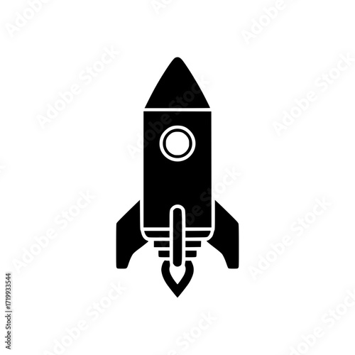 A sleek, black rocket ship blasts off, symbolizing progress and space exploration. The rocket is on its path to the limitless possibilities of space.
