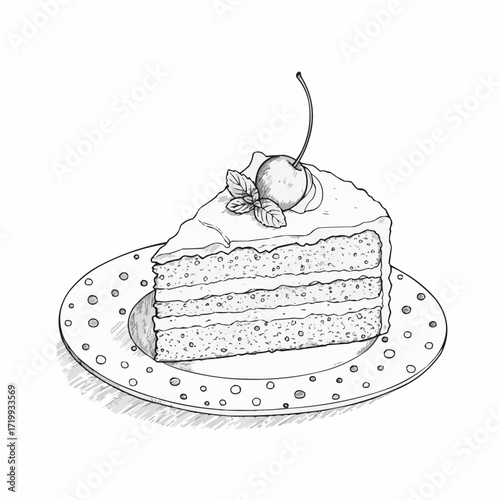 Slice of cake with cherry and mint leaves on a decorative plate  