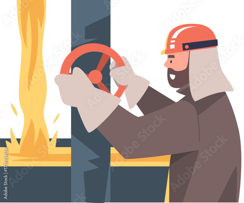 Metallurgy with Man Character Turn Valve Work in Steel Production Plant Vector Illustration