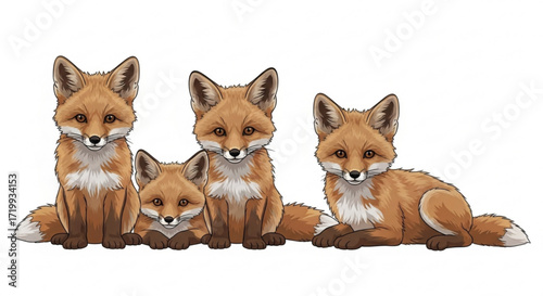 A charming group of four adorable fox cubs, each with its own unique expression, , showcasing the beauty of wildlife in a delightful illustration