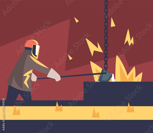 Metallurgy with Man Character Work in Steel Production Plant Vector Illustration