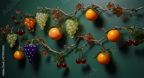 Decorative garland of realistic artificial fruits and grapes hanging on a branch against a dark green background