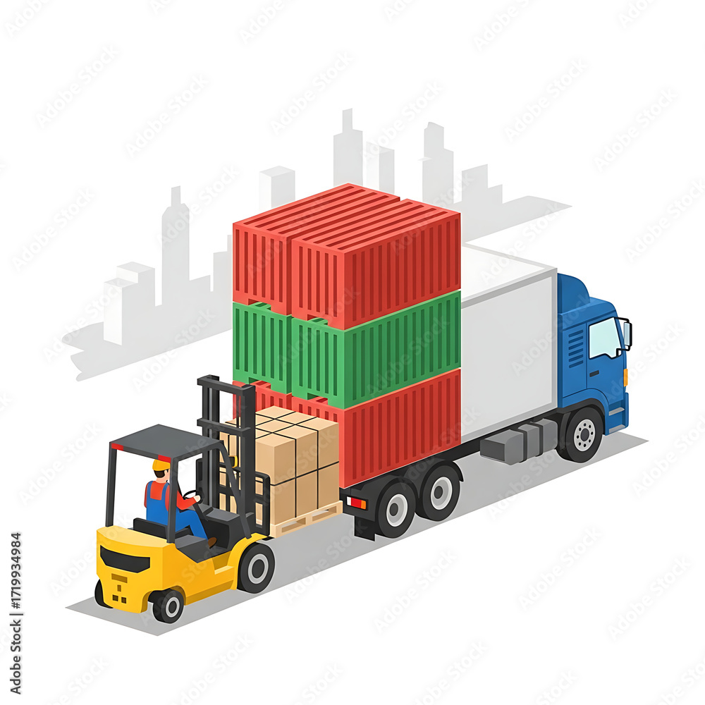 Naklejka premium Logistics and transportation concept with a forklift operator moving freight containers to a delivery truck for shipment