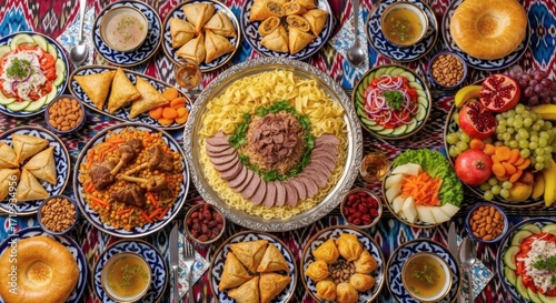 Authentic Dastarkhan Celebration Table with Traditional Uzbek Cuisine