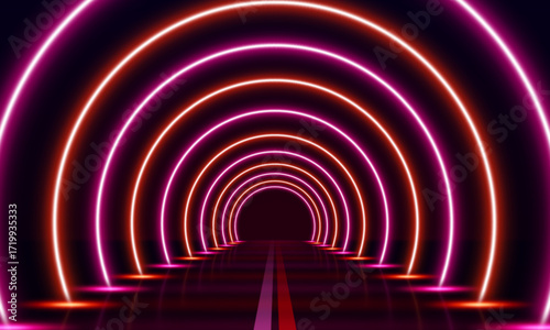 Light neon arch gate with glowing red and pink circles on dark background, led luminous round portal, laser circle frame