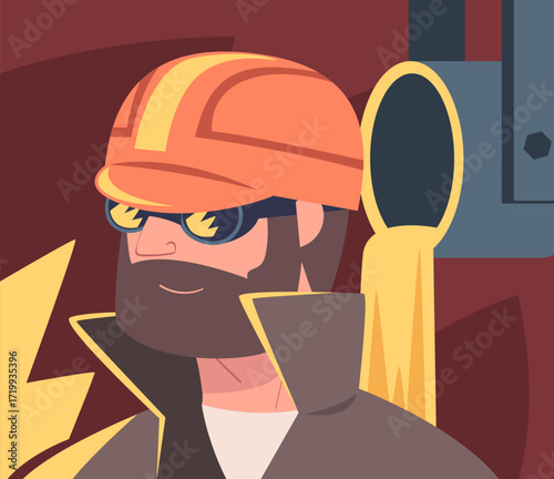 Metallurgy with Man Character Work in Steel Production Plant Vector Illustration