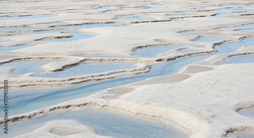 Salt flats with shallow water pools and mineral deposits creating a textured landscape