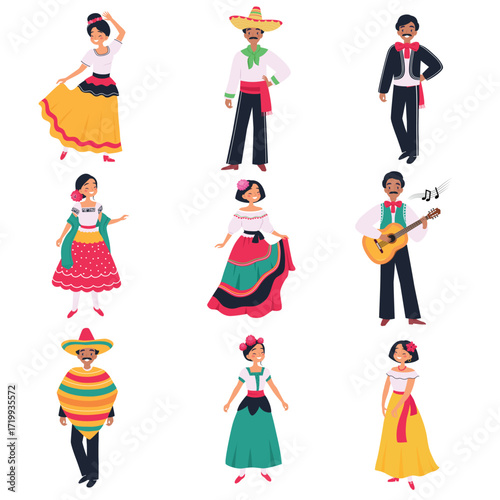 Mexican Man and Woman Character in Traditional Clothes Vector Set