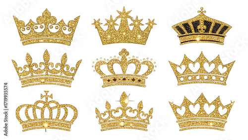 Luxury golden glitter crown icons, shiny metallic sparkle effect, royal decorative elements set, isolated transparent background PNG