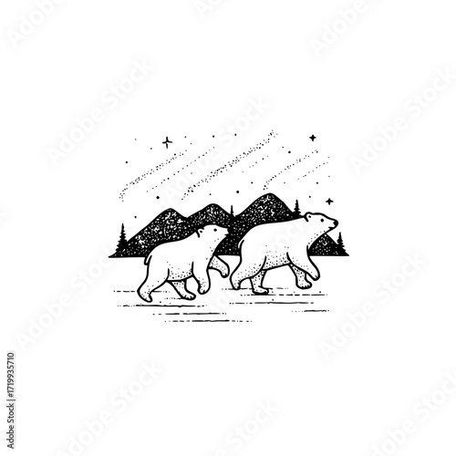 Cute polar bear family walking in arctic landscape with mountains trees and stars vector illustration design