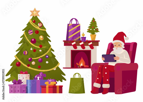 Santa claus relaxing in armchair with tablet by christmas tree and fireplace