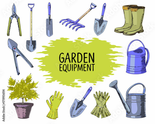 Collection of hand drawn garden tools and equipment